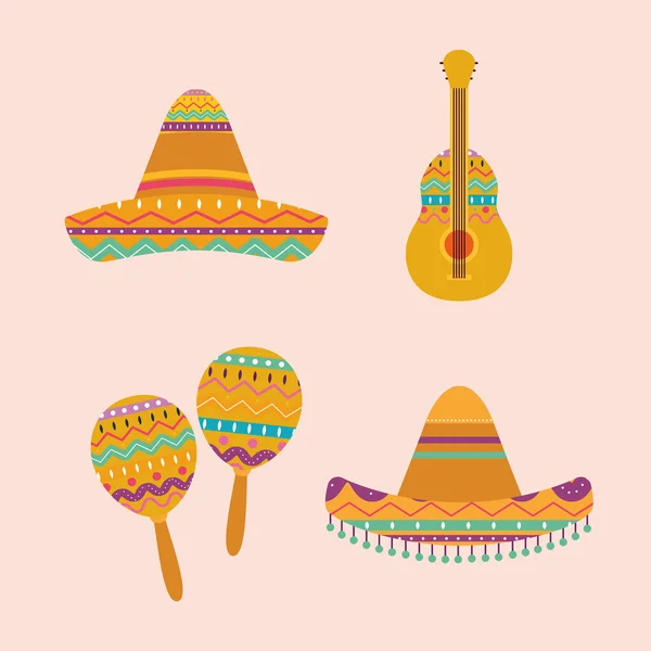 Sombreros mexicanos diseño de vectores de guitarra y maracas — Vector de stock