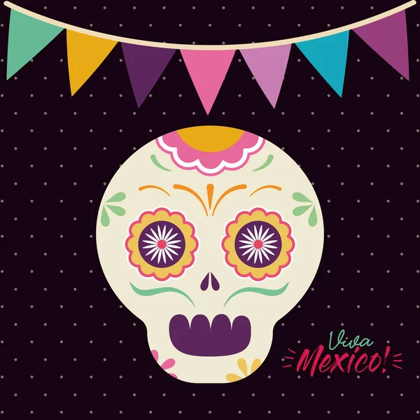 Cabeza del cráneo mexicano con banner banner diseño de vectores — Vector de stock