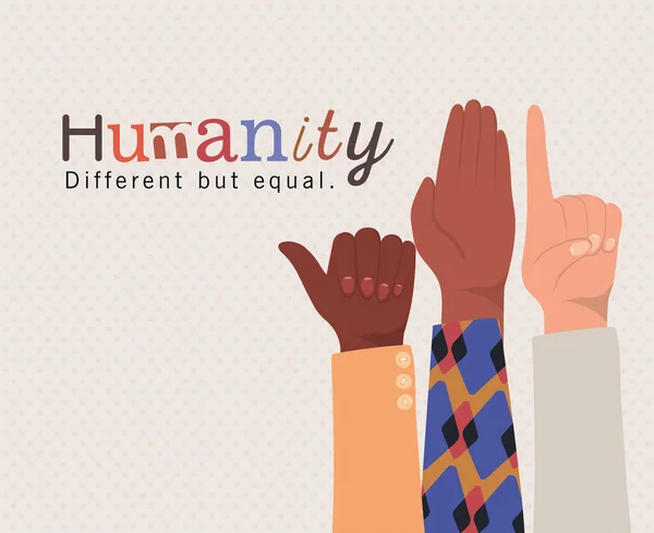 Humanité différente mais égale et diversité mains peau vecteur design — Image vectorielle