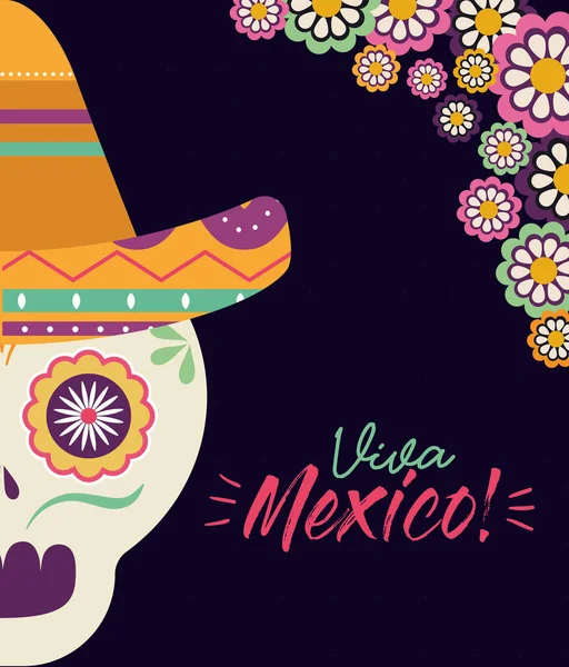 Голова мексиканского черепа с векторным дизайном шляпы и цветов — стоковый вектор
