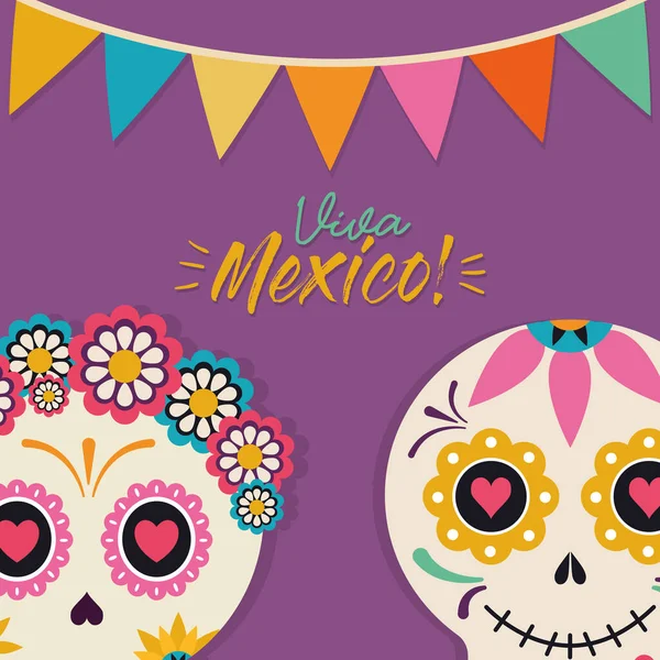 Cabeças de crânio femininas e masculinas mexicanas com design de vetor pennant banner —  Vetores de Stock