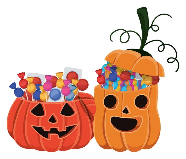 Halloween citrouilles dessins animés avec des bonbons conception vectorielle — Image vectorielle