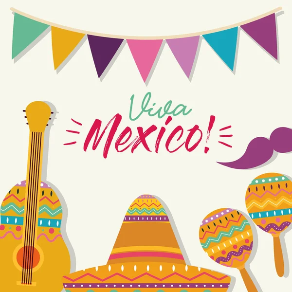 Chapeau mexicain moustache guitare et maracas vecteur design — Image vectorielle