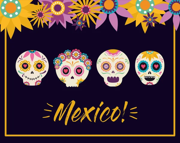 Cabezas de cráneo mexicano con flores diseño de vectores — Vector de stock