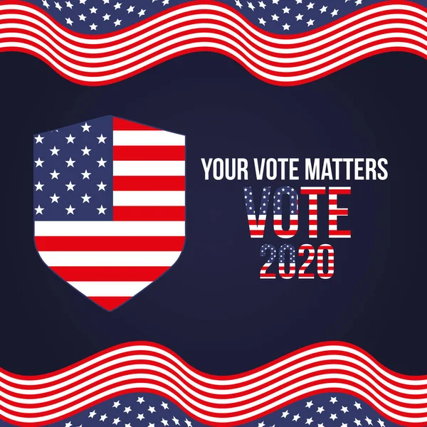 Uw stem telt 2020 met de VS vlag schild vector ontwerp — Stockvector