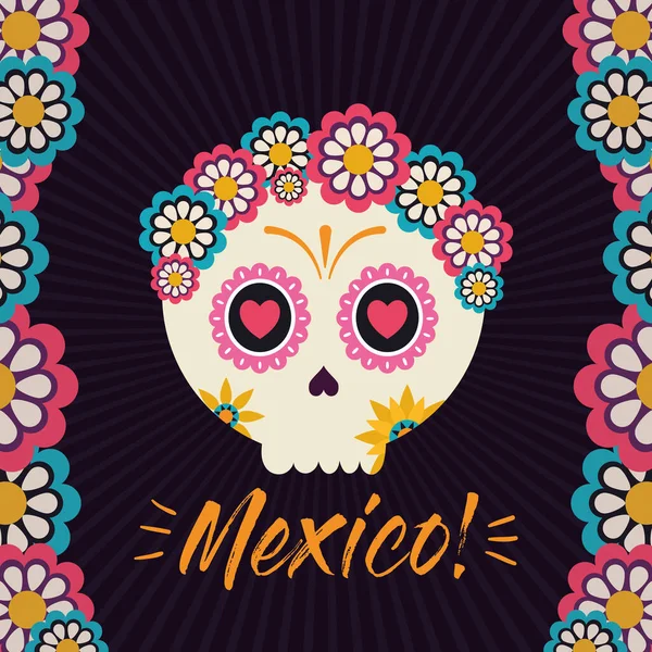 Cabeza de cráneo femenino mexicano con flores vector de diseño — Vector de stock
