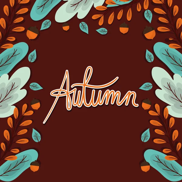 Herfst blauwe en bruine bladeren met eikels frame vector ontwerp — Stockvector