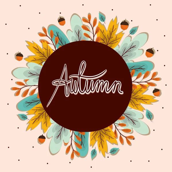 Autumn leaves and acorns around circle vector design — Stock Vector
