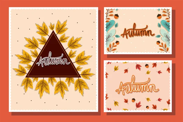 Ensemble de cadres avec feuilles d'automne sur fond rouge dessin vectoriel — Image vectorielle