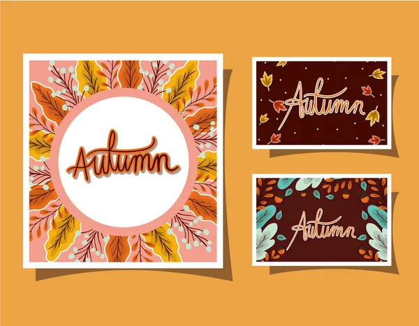 Ensemble de cadres avec feuilles d'automne sur fond jaune dessin vectoriel — Image vectorielle