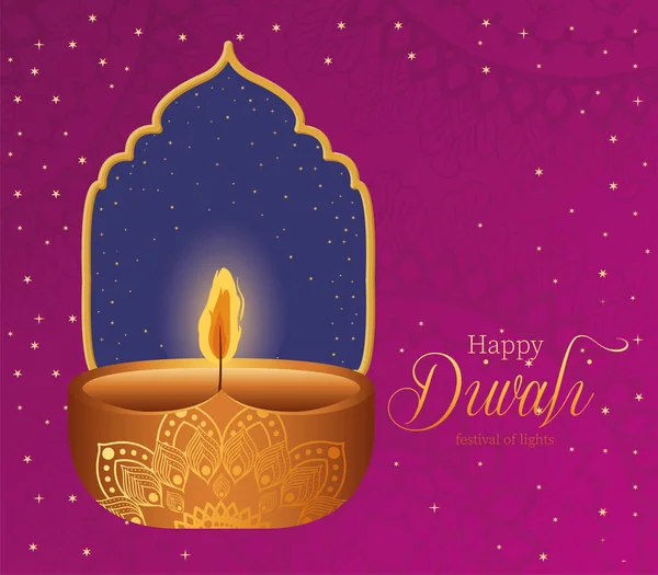 Felice candela diwali con cornice rosa con mandala disegno vettoriale di sfondo — Vettoriale Stock