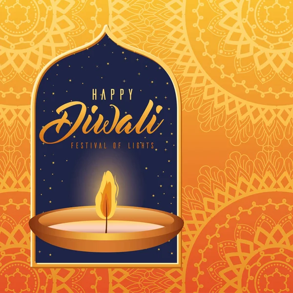 Happy diwali kaars met frame op oranje met mandala 's achtergrond vector ontwerp — Stockvector