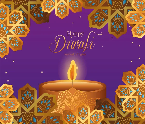 Happy diwali kaars en gouden bloemen op paarse achtergrond vector ontwerp — Stockvector