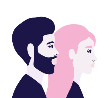 Kadın ve erkek yan görünümde mavi ve pembe renk vektör tasarımı