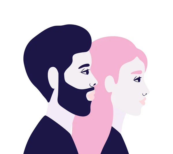 Vrouw en man cartoon in zijaanzicht in blauw en roze kleuren vector ontwerp — Stockvector