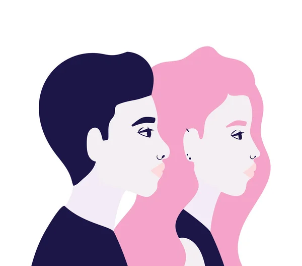 Женщина и мужчина мультфильм в боковом виде в синий и розовый цвета векторный дизайн — стоковый вектор