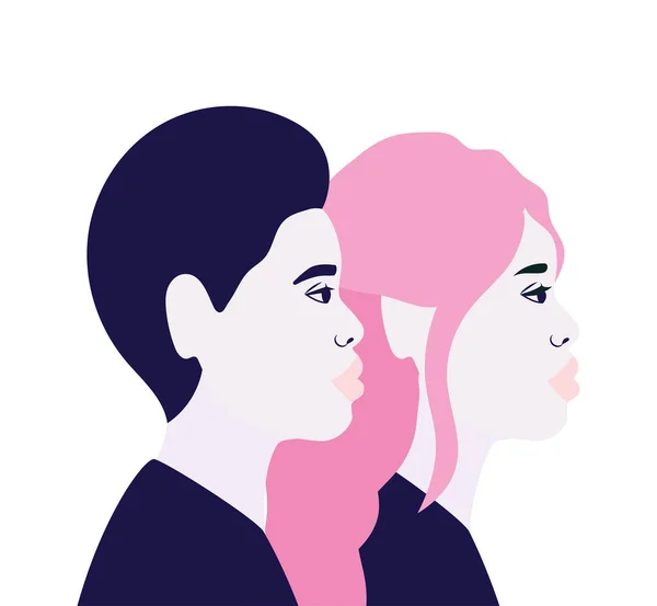 Vrouw en man cartoon in zijaanzicht in blauw en roze kleuren vector ontwerp — Stockvector