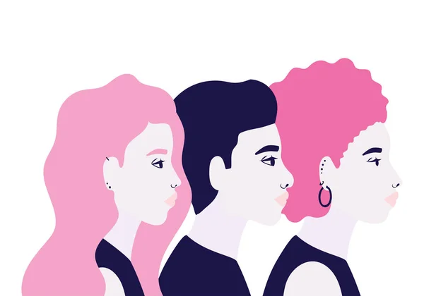 Жінки і чоловіки мультфільми збоку в синьо-рожевих кольорах Векторний дизайн — стоковий вектор