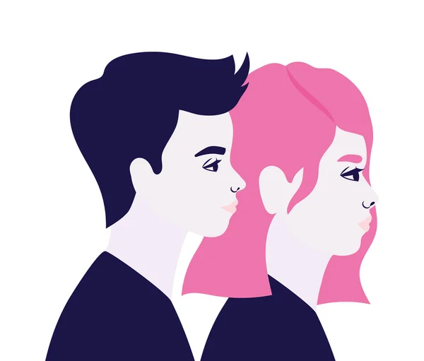 Женщина и мужчина мультфильм в боковом виде в синий и розовый цвета векторный дизайн — стоковый вектор