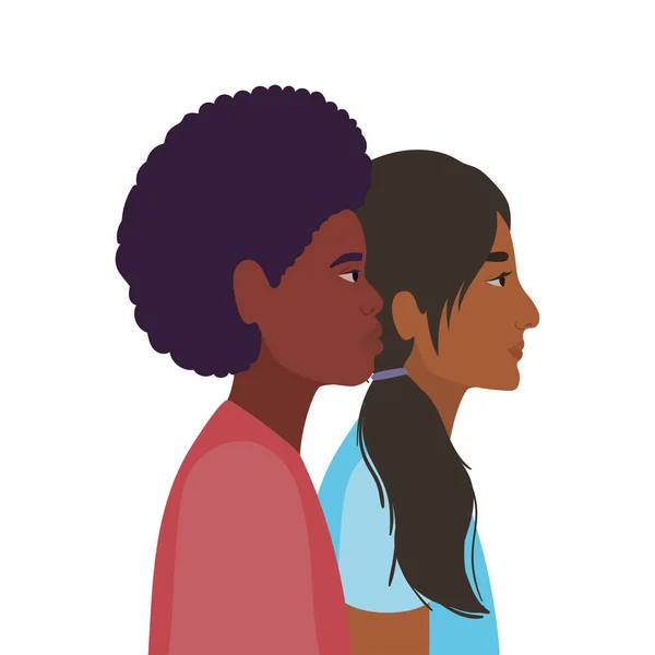 Indiase vrouw en zwart man cartoon in zijaanzicht vector ontwerp — Stockvector