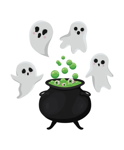 Cadılar Bayramı hayaletleri cadı kasesi vektör tasarımlı karikatürler — Stok Vektör