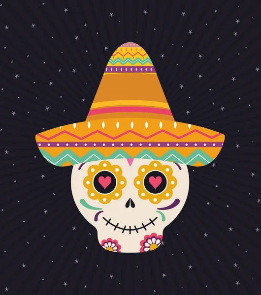 メキシコの頭蓋骨の頭に帽子のベクトルデザイン — ストックベクタ