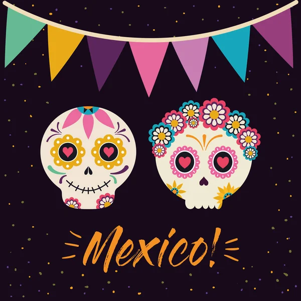 Mexikanska kvinnliga och manliga dödskalle huvuden med banner vimpel vektor design — Stock vektor
