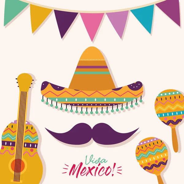 Sombrero mexicano con bigote guitarra y maracas vector de diseño — Vector de stock