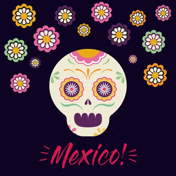 Cabeza del cráneo mexicano con flores vector de diseño — Vector de stock