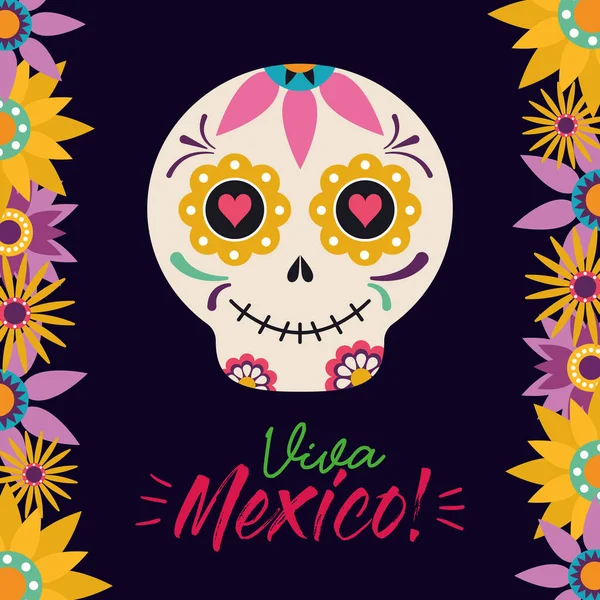 Testa del cranio messicano con disegno vettoriale fiori — Vettoriale Stock