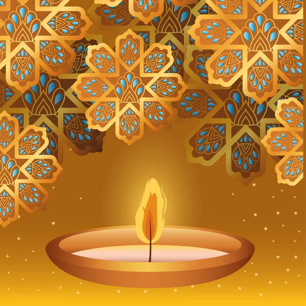 Happy diwali candle and gold flowers on yellow background vector design — Stock Vector