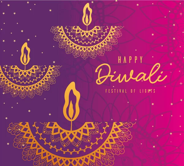 Happy diwali gouden mandala kaarsen op roze en paarse gradiënt achtergrond vector ontwerp — Stockvector