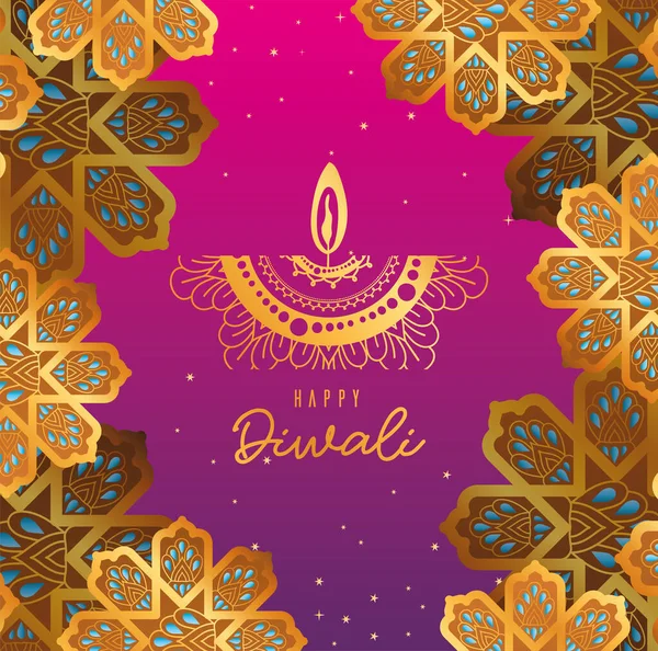 Feliz vela diwali e flores de ouro em rosa e roxo gradiente projeto vetor de fundo — Vetor de Stock