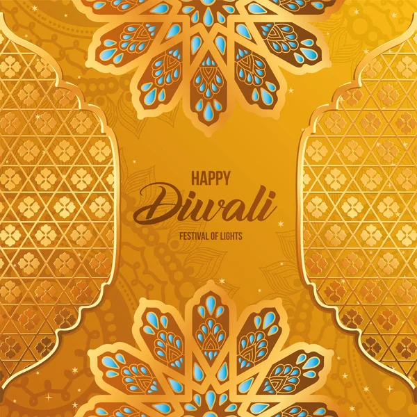 Happy diwali gouden bloemen en frameson oranje met mandala 's achtergrond vector ontwerp — Stockvector