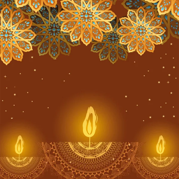 Felice candele diwali e fiori d'oro su sfondo marrone disegno vettoriale — Vettoriale Stock