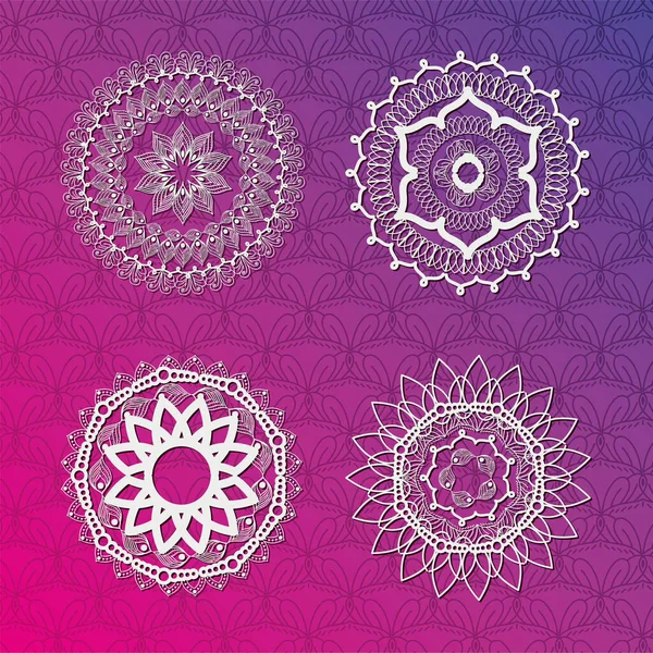 Sada bílých mandalas na fialové gradient pozadí vektor design — Stockový vektor