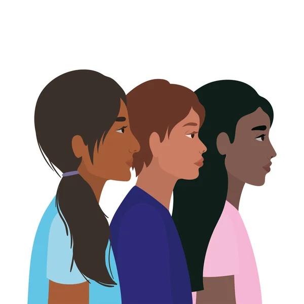 Diversity Skins schwarzer indischer Frauen und Männer Cartoons Vektordesign — Stockvektor