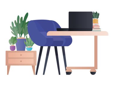 Dizüstü bilgisayarı olan mavi koltuk.