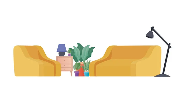 Sofá amarelo e cadeira com design de vetor de plantas — Vetor de Stock