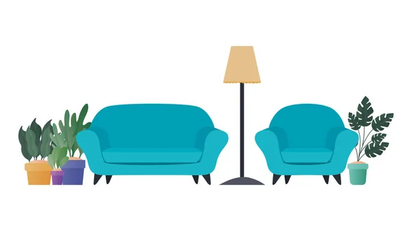 Μπλε καναπέ και καρέκλα με φυτά διανυσματικός σχεδιασμός — Διανυσματικό Αρχείο