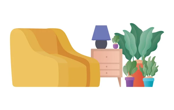 Muebles de silla amarilla y plantas vector de diseño — Vector de stock