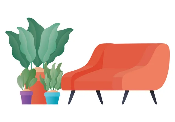 Canapé rouge avec design vectoriel plantes — Image vectorielle