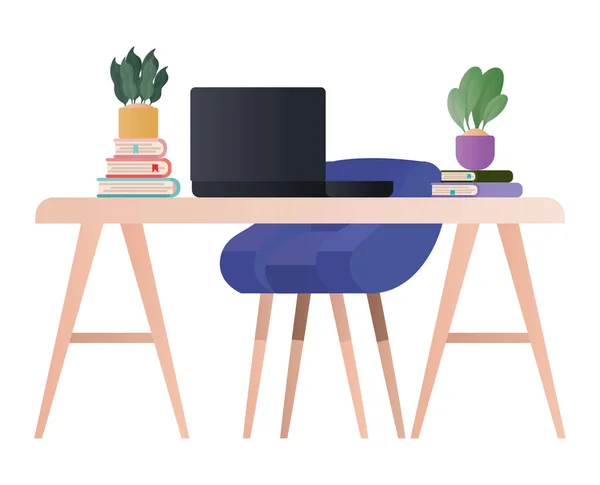 Skrivbord med bärbara böcker växter och stol vektor design — Stock vektor