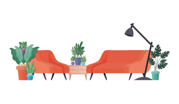 Divano rosso e sedia con design vettoriale piante — Vettoriale Stock