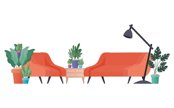 Červená pohovka a židle s rostlinami vektorový design — Stockový vektor