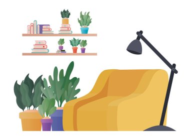 Sarı koltuk bitkileri ve lamba vektör tasarımı