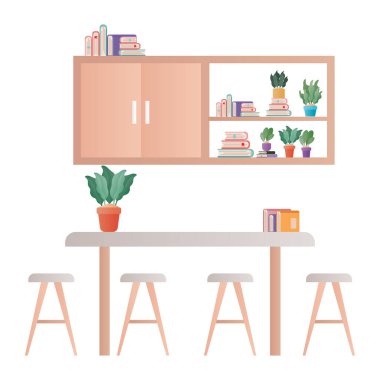 Masa sandalyeli mutfak ve kitap vektör tasarımı