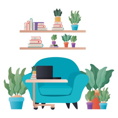 Dizüstü bilgisayarlı mavi koltuk ve bitki vektör tasarımı