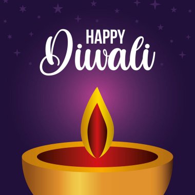 Mor üzerine mutlu diwali mumları ve yıldız vektör tasarımları