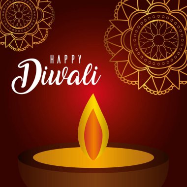 Kırmızı üzerine mandalas arkaplan vektör tasarımlı mutlu diwali mumları